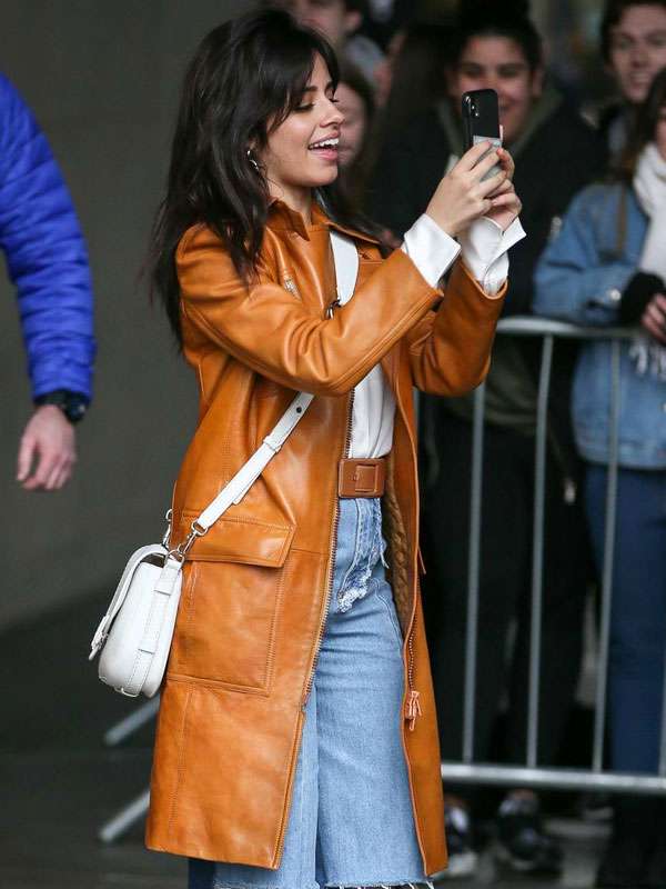 Camila Cabello BBC Radio 1 Studios London Brown Leather Trench Coat