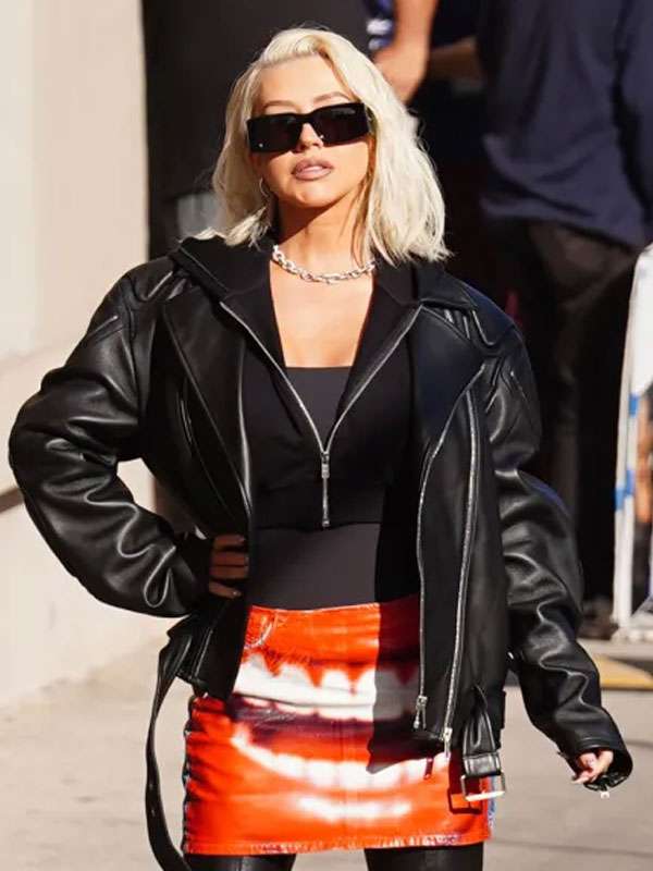 Christina Aguilera Jimmy Kimmel Live Show 2023 Black Leather jacket