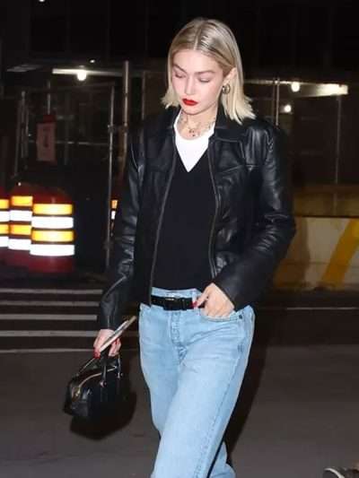 Gigi Hadid 2024 Black Leather Jacket