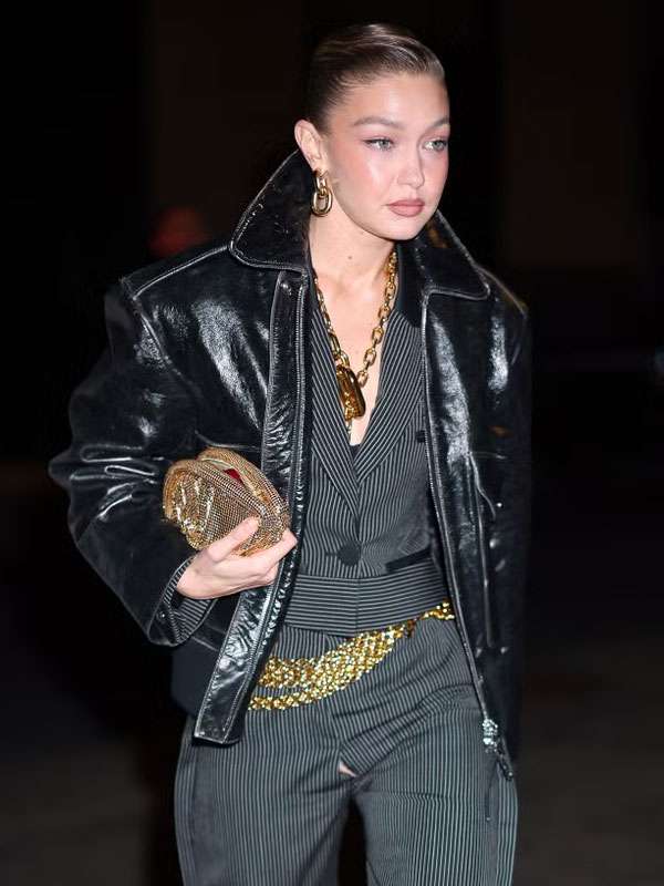 Gigi Hadid 2025 Black Leather Jacket