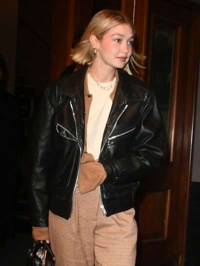Gigi Hadid PFW 2024 Black Leather Jacket