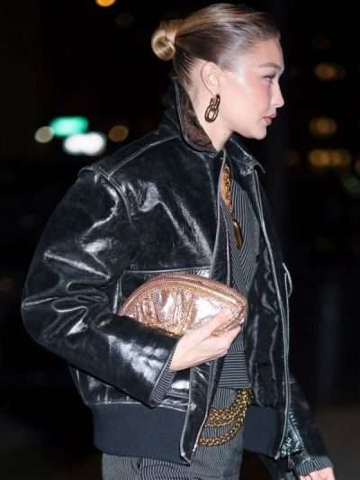 Gigi Hadid NYC 2025 Black Leather Jacket