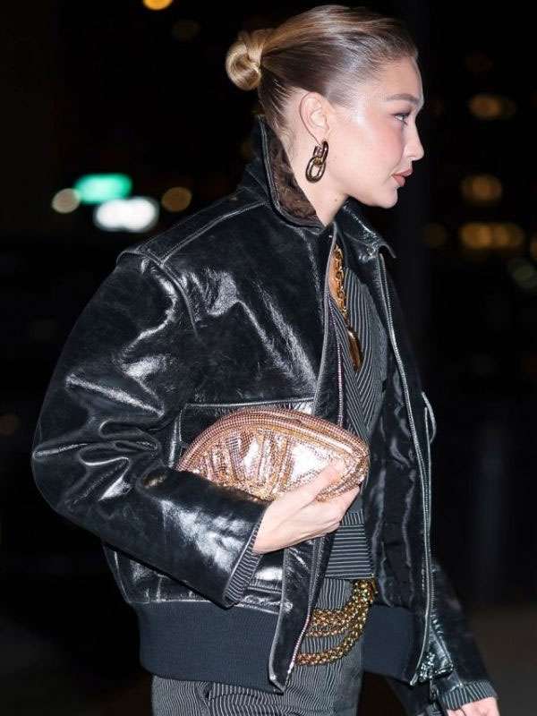 Gigi Hadid NYC 2025 Black Leather Jacket