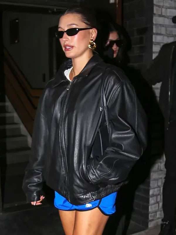 Hailey Bieber Dinner Night Beverly Hills Black Leather Jacket