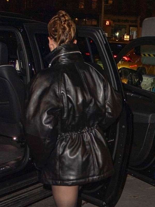 American Model Hailey Bieber NYC 2025 Black Leather Jacket