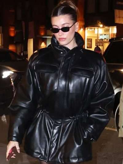 Hailey Bieber NYC 2025 Black Leather Jacket