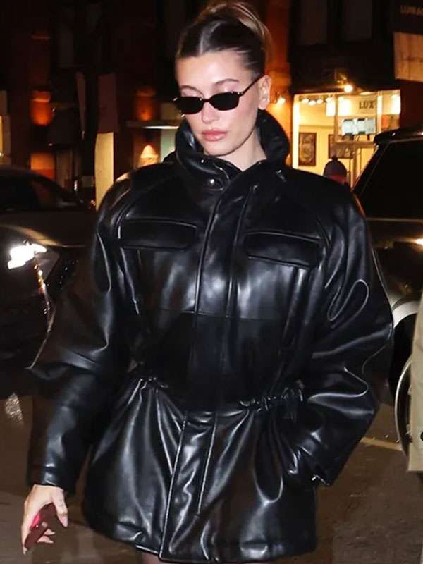 Hailey Bieber NYC 2025 Black Leather Jacket