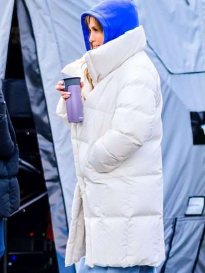 Jennifer Lopez Office Romance White Puffer Coat