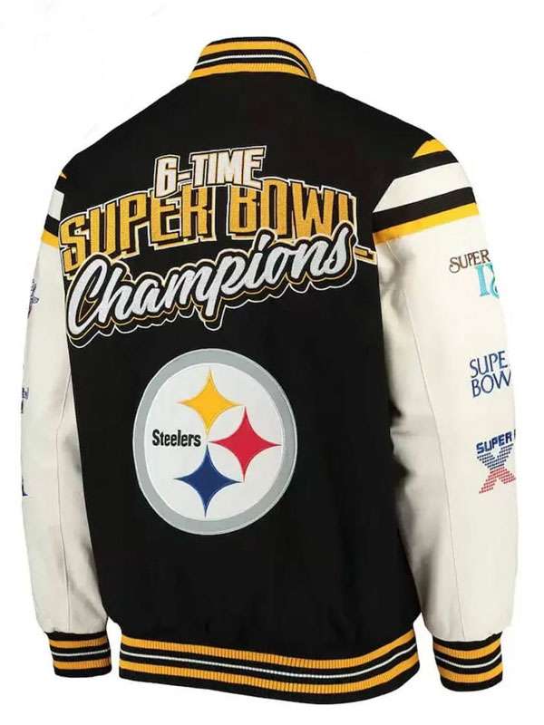 Pittsburgh Steelers Super Bowl Champions Black and White Varsity Jacket