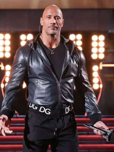 The Titan Games Dwayne Johnson Black Hooded Bomber Leather Jacket