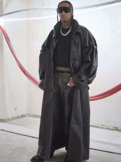 Tyga Paris Fashion Week 2023 Black Long Leather Coat