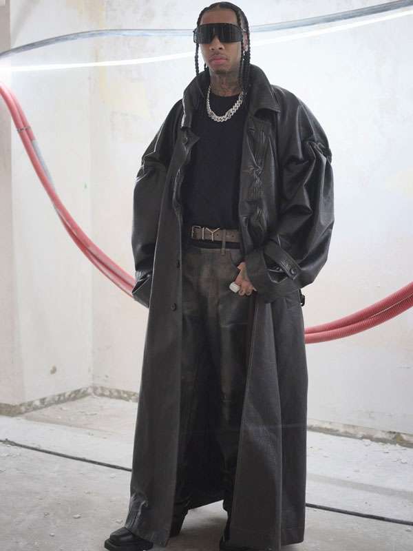 Tyga Paris Fashion Week 2023 Black Long Leather Coat