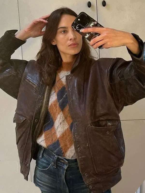 Alexa Chung 2025 Distressed Brown Leather Jacket