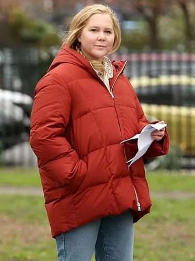 Kinda Pregnant Lainy Newton Red Puffer Hooded Jacket