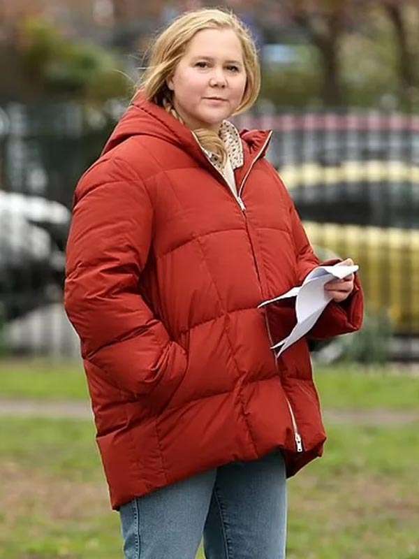 Kinda Pregnant Lainy Newton Red Puffer Hooded Jacket