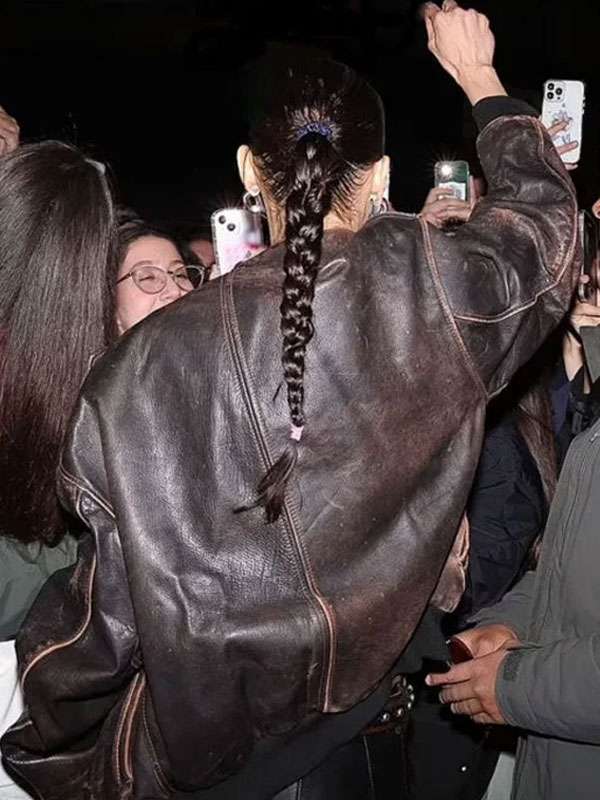 Bella Hadid Distressed Brown Bomber Leather Jacket