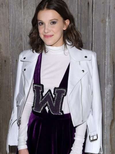 Shop Millie Bobby Brown NYFW White Leather Jacket