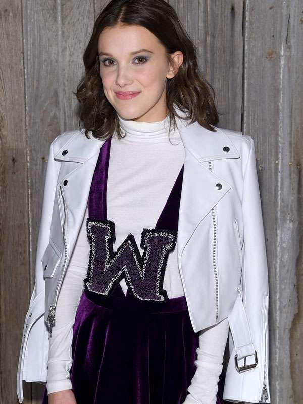 Shop Millie Bobby Brown NYFW White Leather Jacket