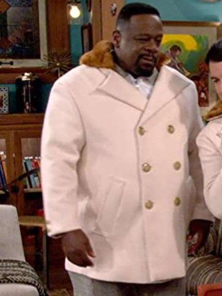 The Neighborhood S03 Calvin Butler White Wool Shearling Peacoat