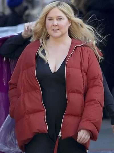 Amy Schumer Kinda Pregnant 2025 Red Puffer Jacket