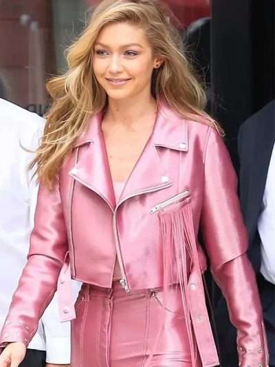 Gigi Hadid Pink Biker Leather Jacket