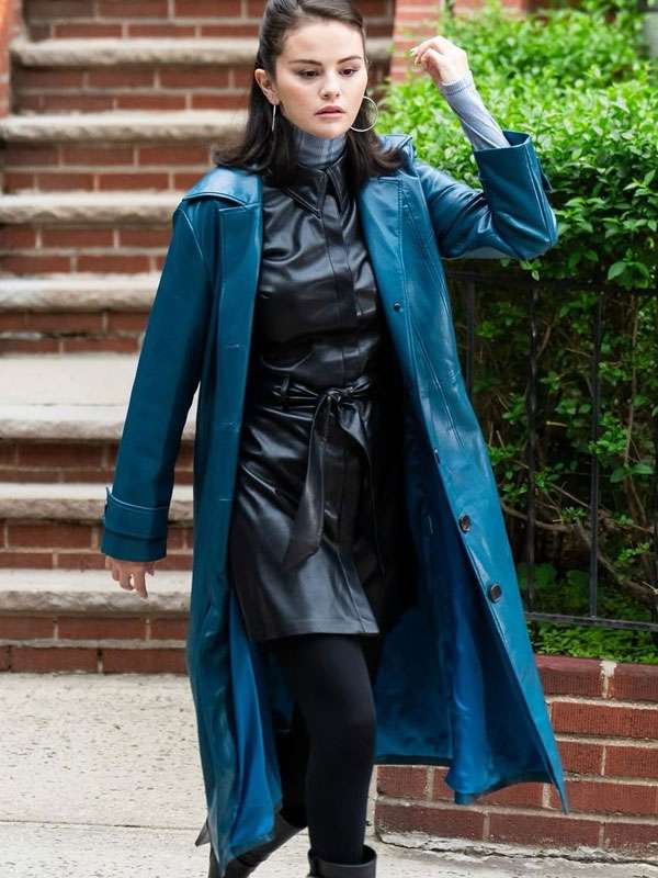 Buy Selena Gomez 2025 Blue Leather Coat