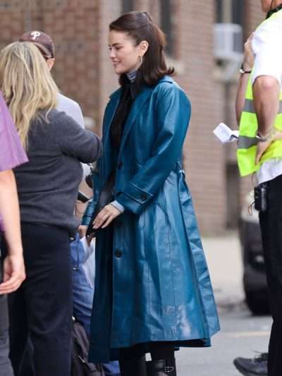Shop Selena Gomez 2025 Blue Leather Coat