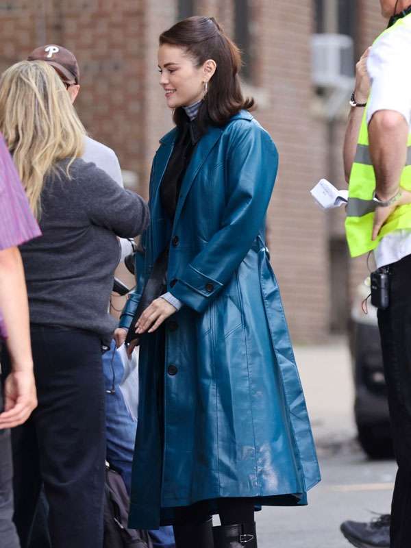 Shop Selena Gomez 2025 Blue Leather Coat