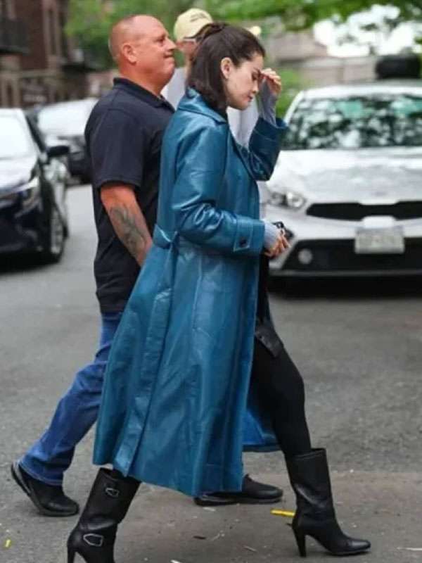 get Selena Gomez 2025 Blue Leather Coat