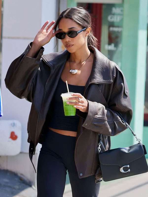 Paris Street Style Buy Laura Harrier Brown Oversized Leather Jacket