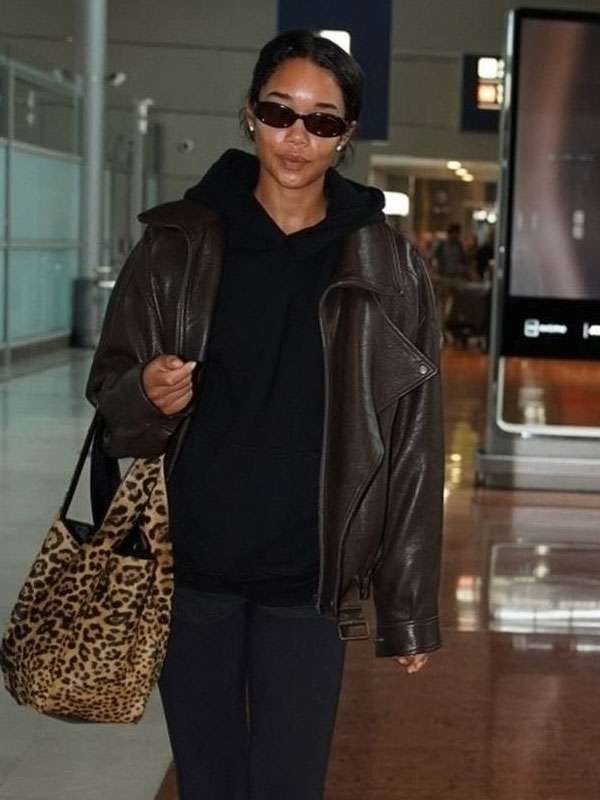Get Paris Street Style Laura Harrier Oversized Leather Jacket