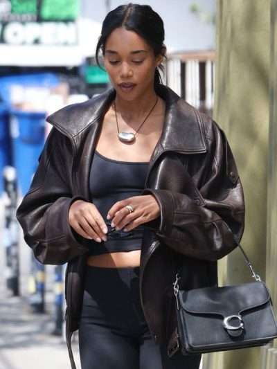 Shop Laura Harrier Oversized Biker Leather Jacket