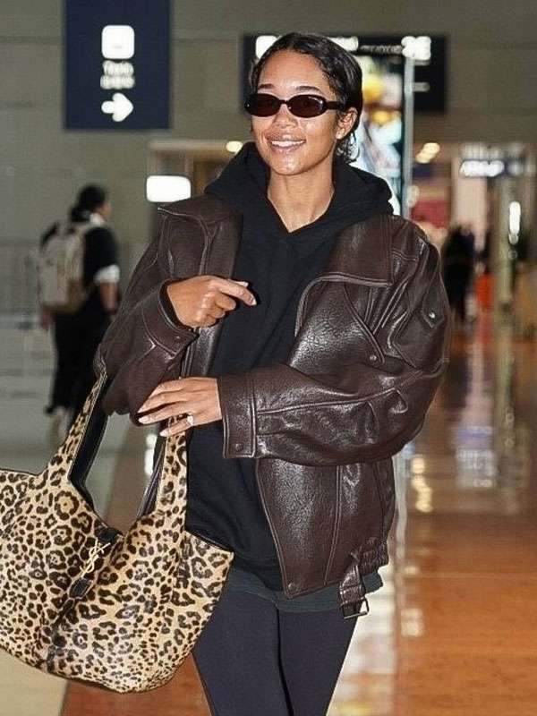Paris Street Style Laura Harrier Brown Leather Jacket Order Now