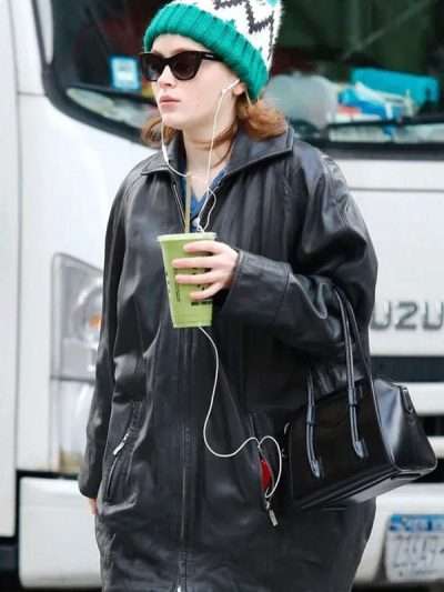 Sadie Sink Black Oversized Leather Jacket