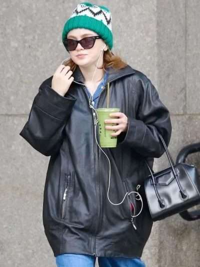 Sadie Sink Street Style Black Leather Jacket