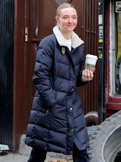 Long Bright River 2025 Amanda Seyfried Blue Puffer Coat