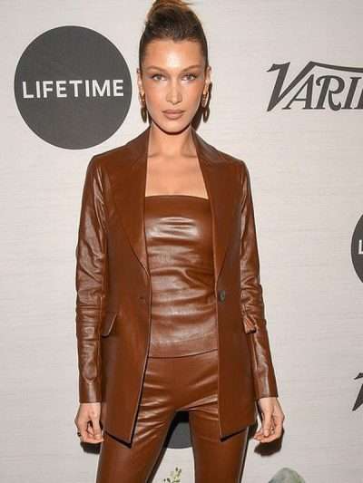 Shop Bella Hadid NYC Brown Leather Jacket