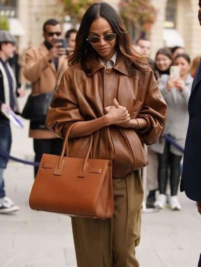 Shop Zoe Saldaña Street Style 2025 Brown Bomber Leather Jacket