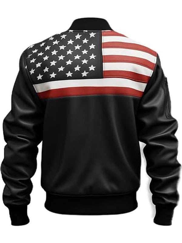 Men Black Bomber American Flag Leather Jacket