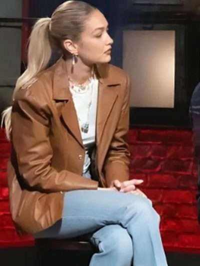 Beat Bobby Flay 2025 Gigi Hadid Brown Leather Jacket