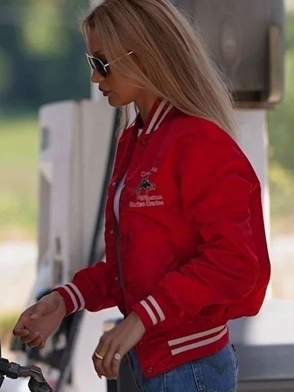 Shop Bella Hadid 2025 Red Bomber Jacket