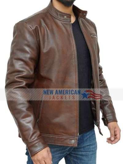 Brown Leather Cafe Racer Jacket