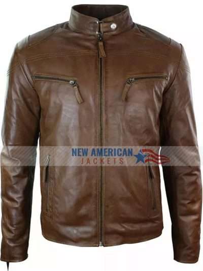 Mens Slim Fit Cafe Racer Brown Leather Jacket