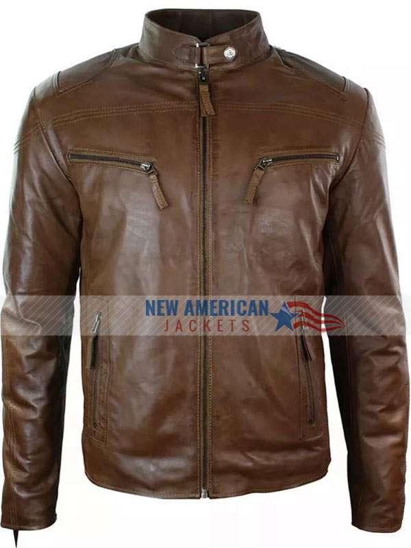 Mens Slim Fit Cafe Racer Brown Leather Jacket