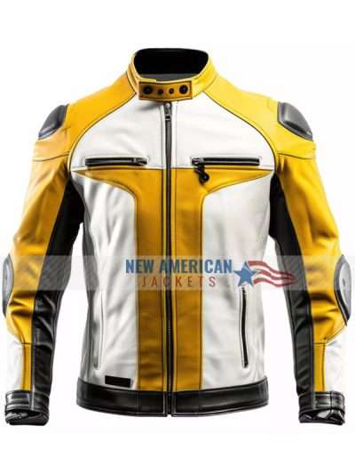 Yellow White and Black Racer Leather Jacke