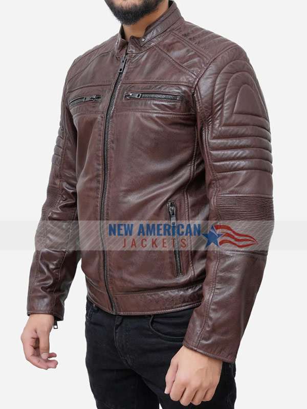 Men Brown Padded Leather Motorcycle Jacket