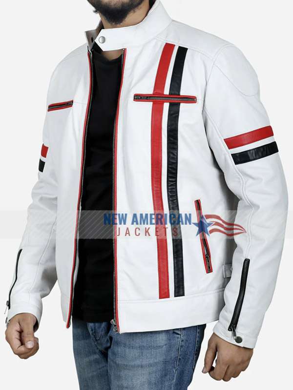 Men White Cafe Racer Jacket with Red and Black Stripes