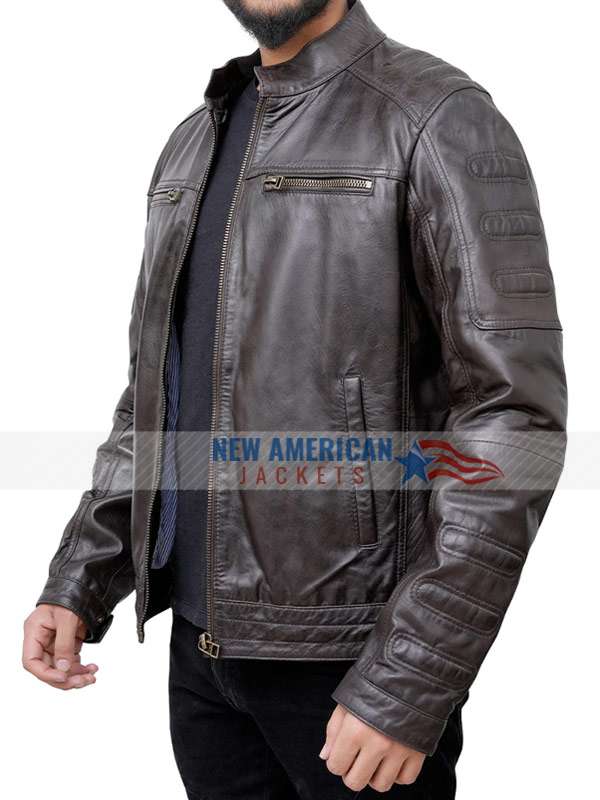 Men Padded Style Casual Cafe Racer Brown Leather Jacket