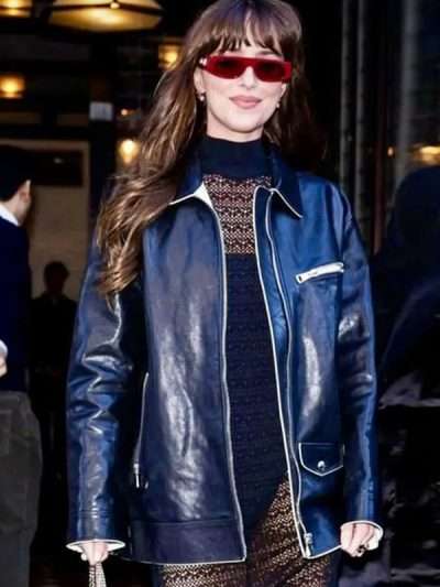 Street Style Dakota Johnson Black Leather Jacket