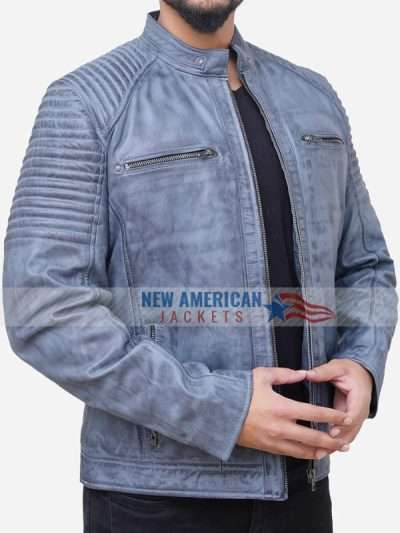 Distressed Style Grey Quilted Leather Jacket